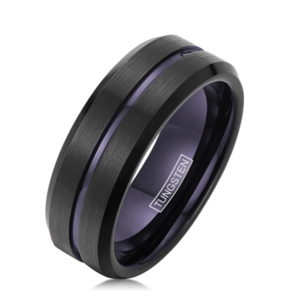 Black Tungsten Ring with Deep Purple Stripe Size 6